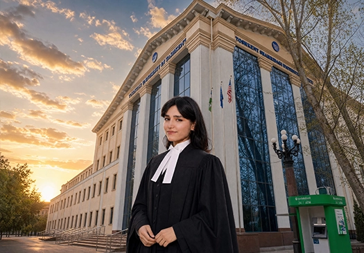 LLB graduate student standing in front of Webster University Tashkent campus, representing international and local legal education in Uzbekistan.